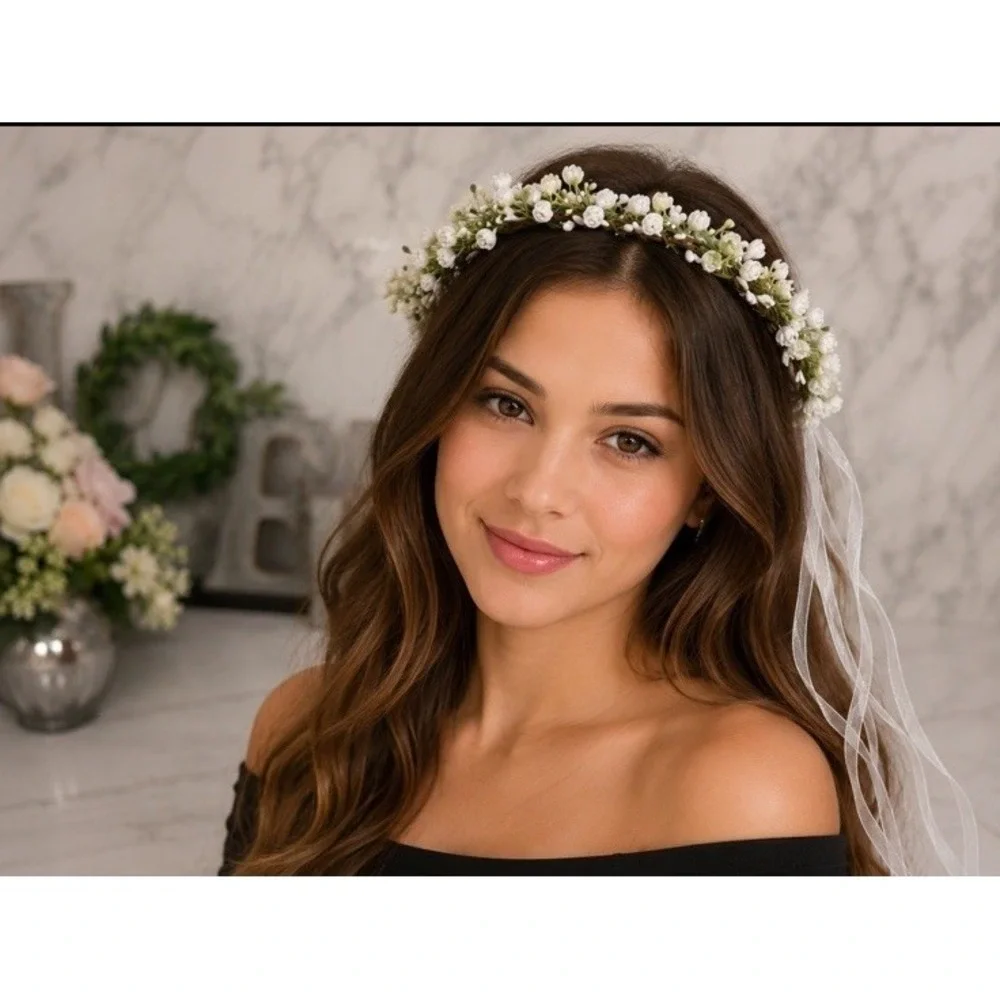 Boho Vtg Wedding Hair Vine Flower Crown White Flowers Green Wear Many Ways NWOT